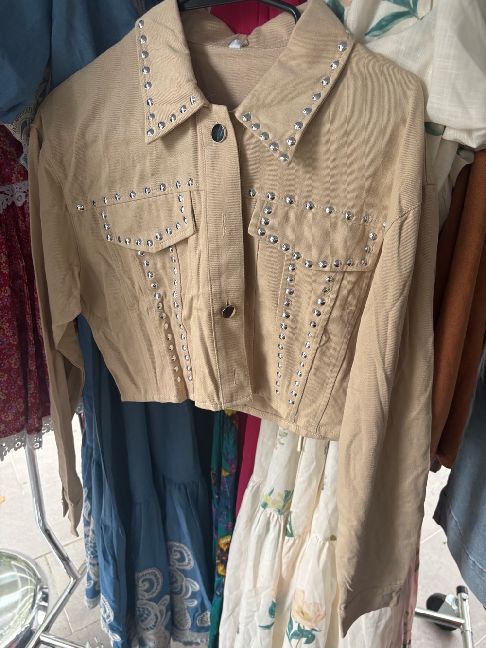 Bundle 2 for $30. NWT Beige Studded Cropped Jean Jacket. Available in S, M, L.